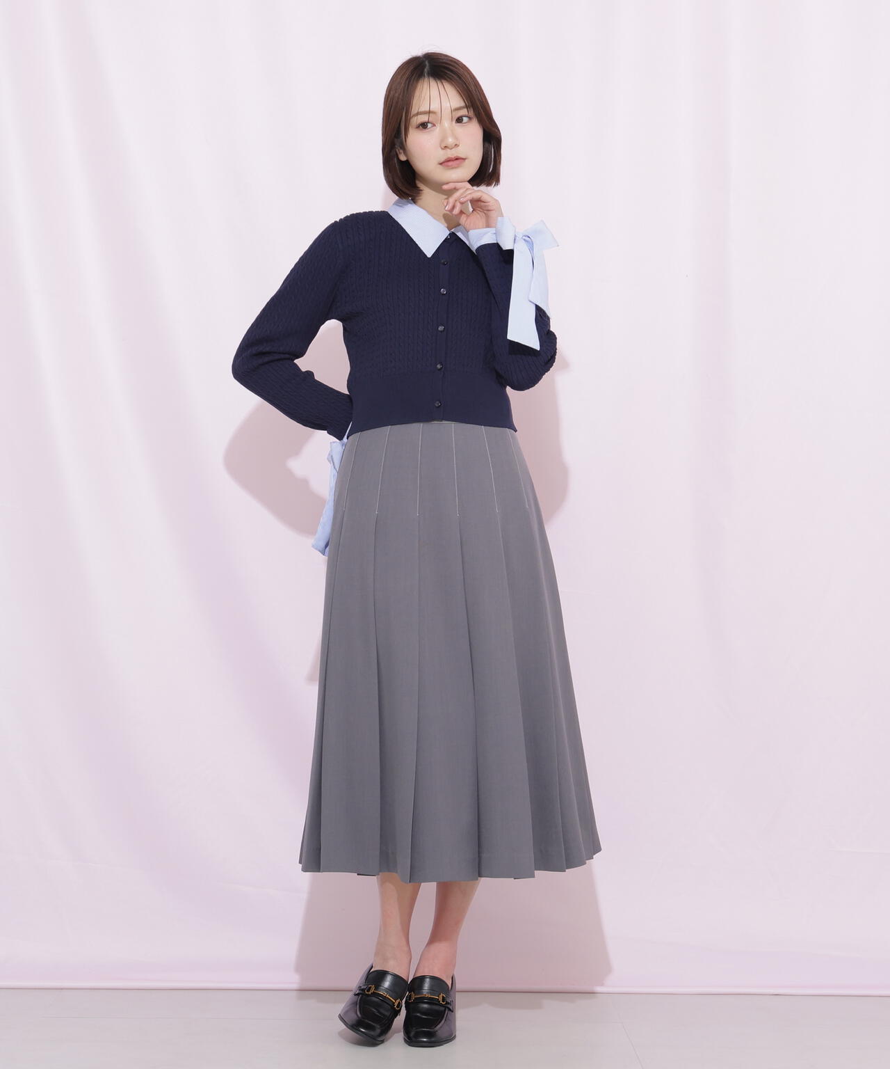 袖リボンケーブルカーディガン