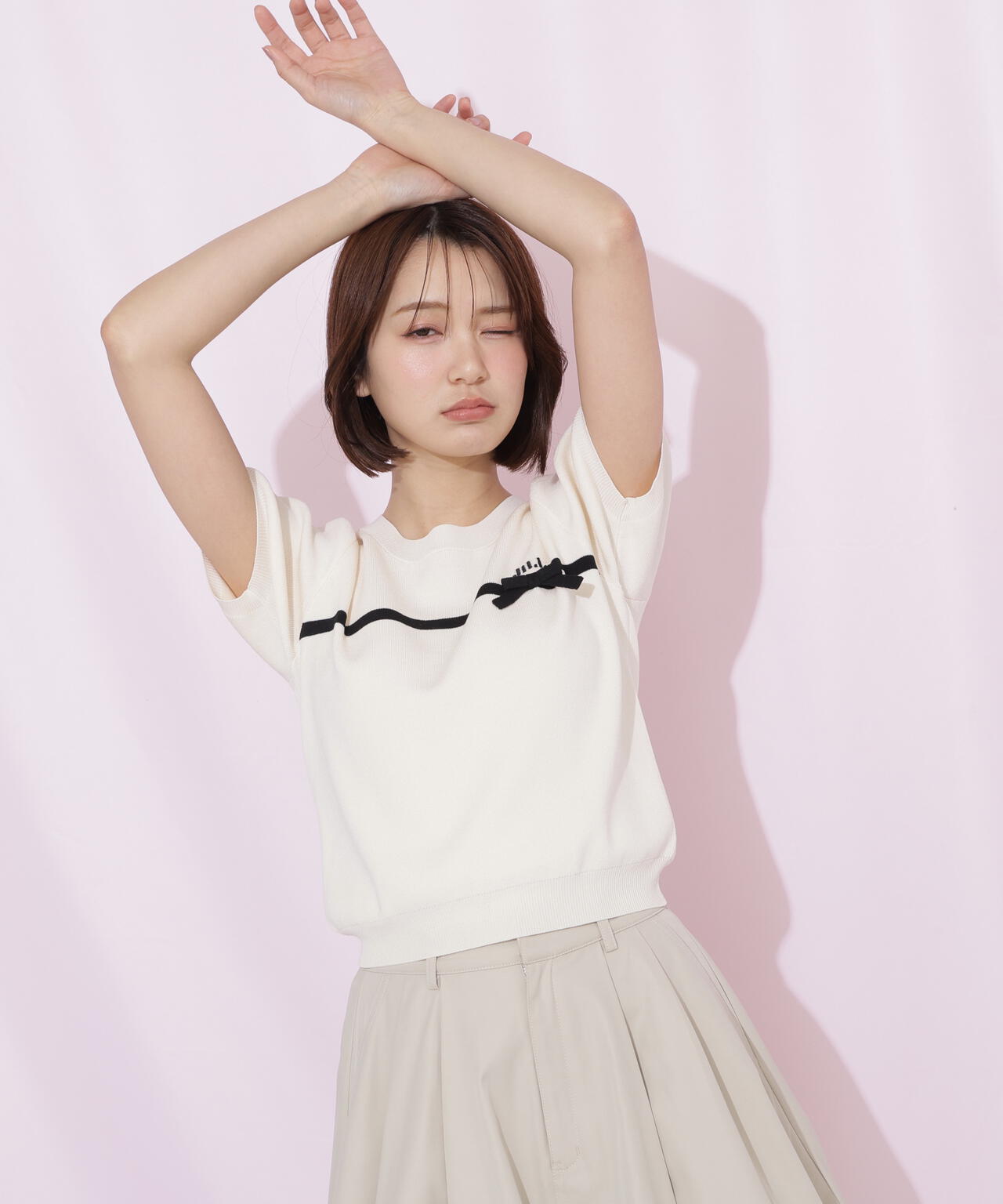 ラインリボン半袖ニット