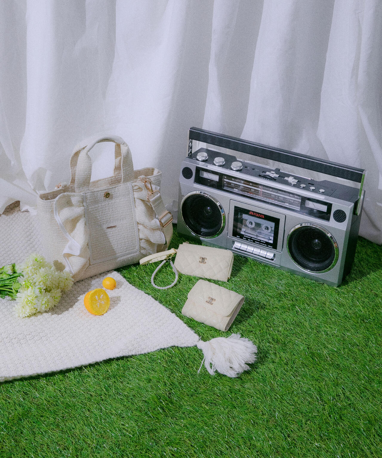 パステルツイードフレームフリルトートバッグ