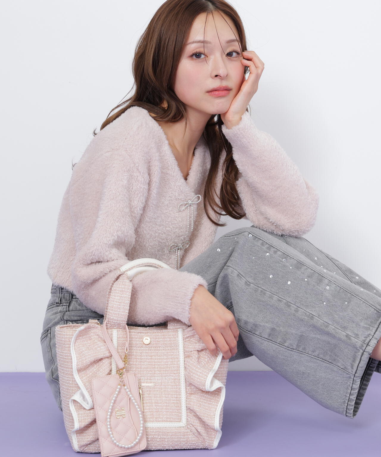 パステルツイードフレームフリルトートバッグ