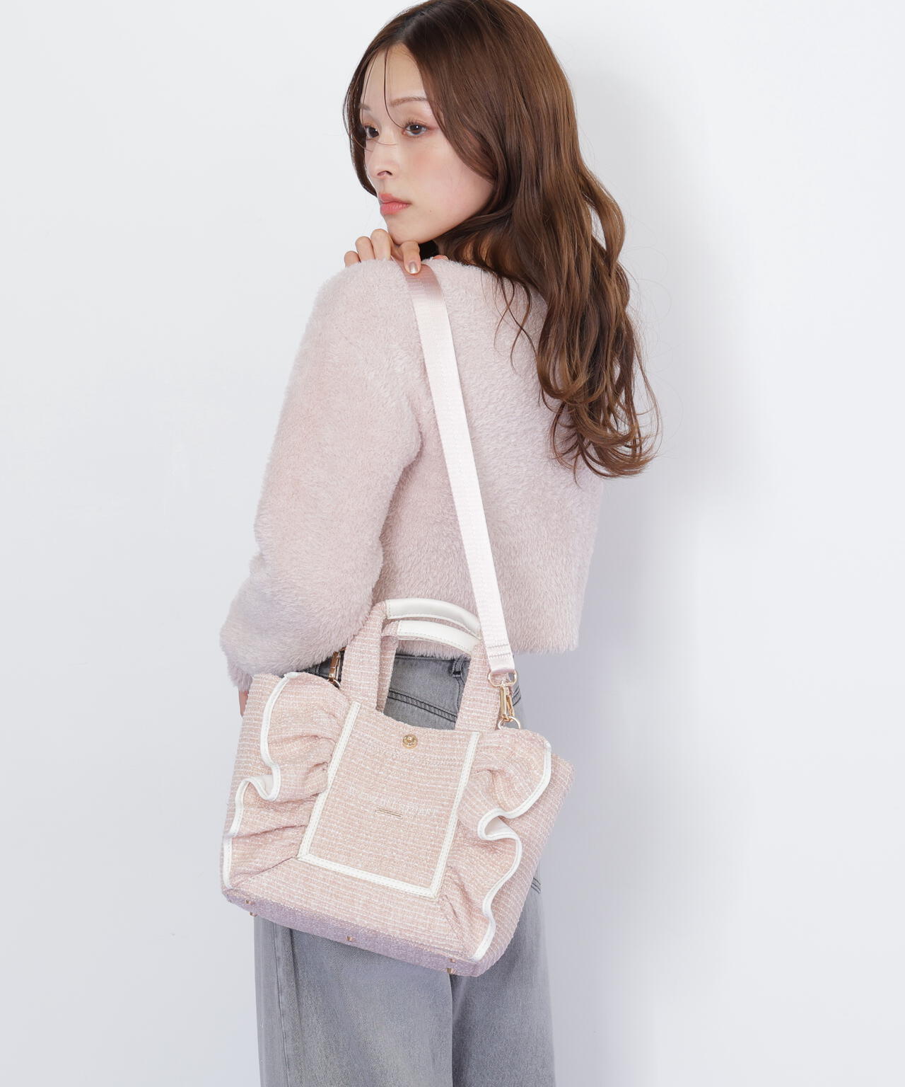 パステルツイードフレームフリルトートバッグ