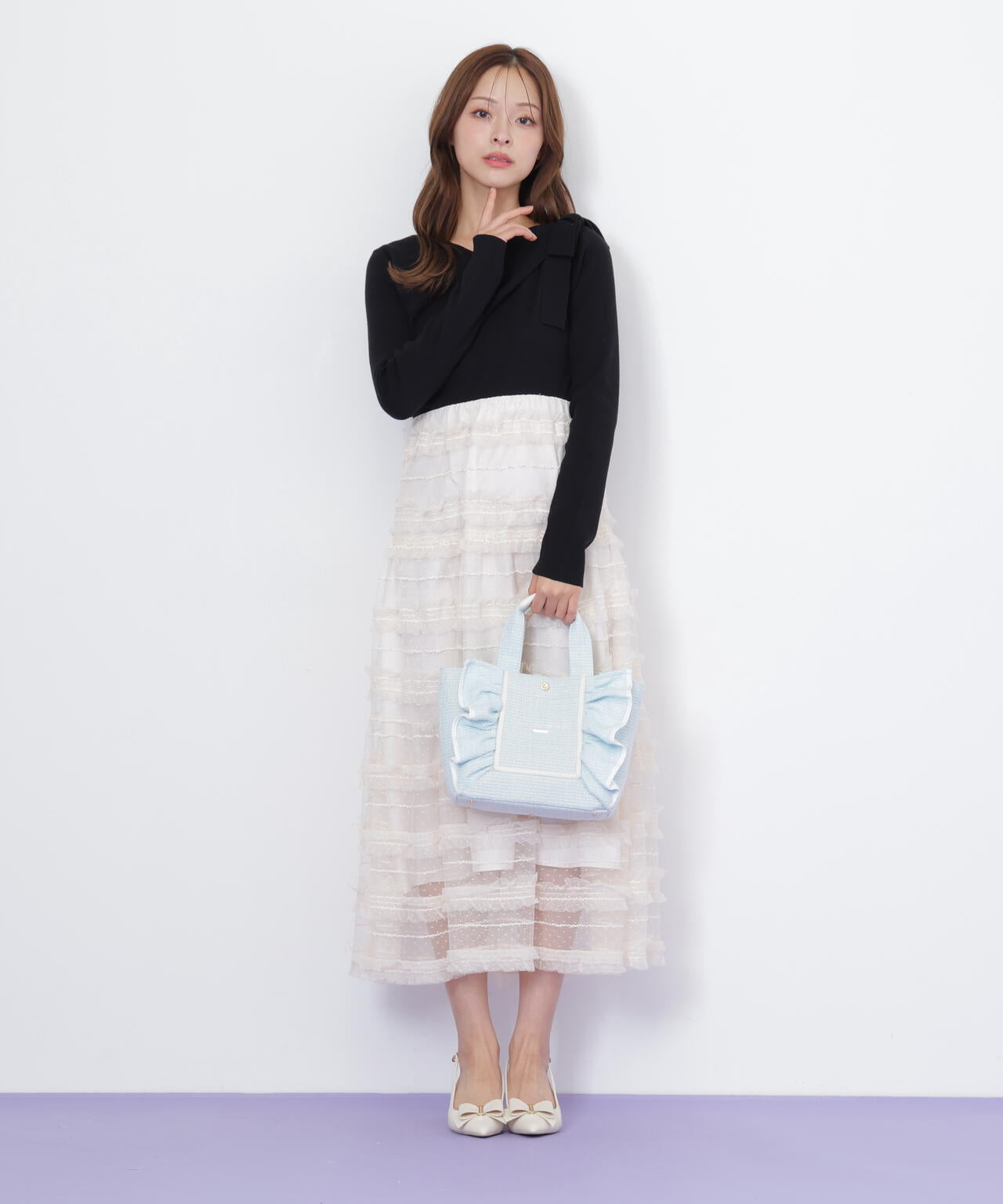 パステルツイードフレームフリルトートバッグ