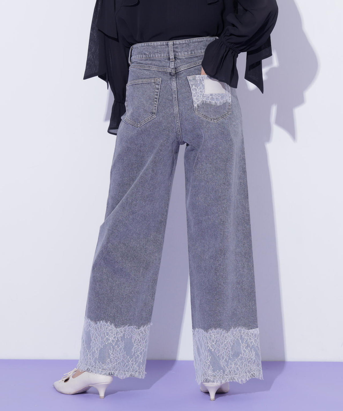裾レースワイドデニムパンツ