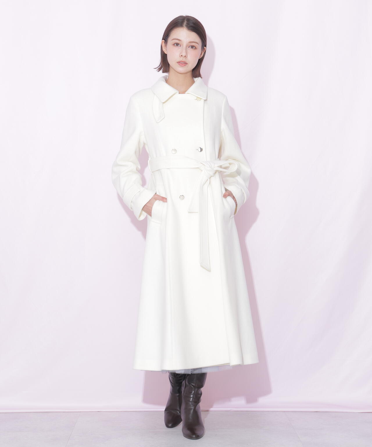JILL by JILL STUART ホワイト ウール混合 ピーコート スタンドカラーウールレディコート | JILL by JILL STUART（ジル バイ
