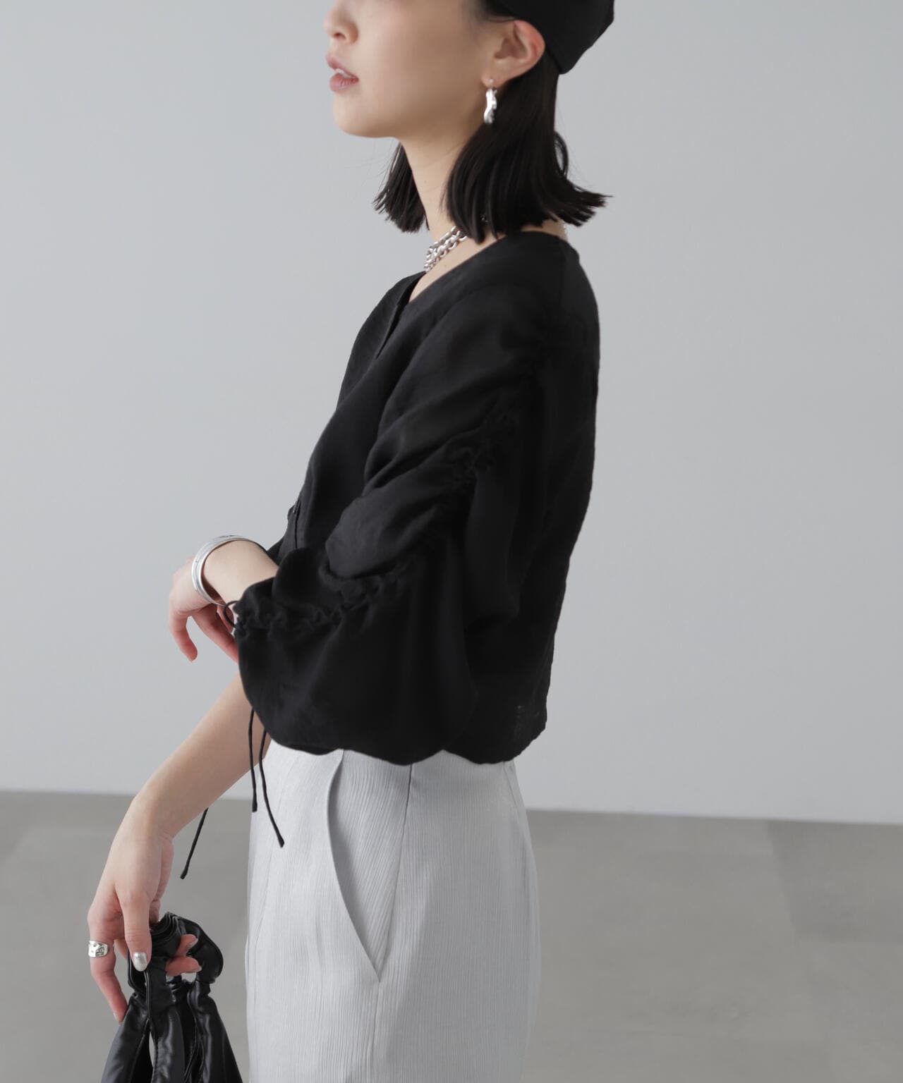 ［グレーカラーWEB限定］袖ドロストギャザーボレロ