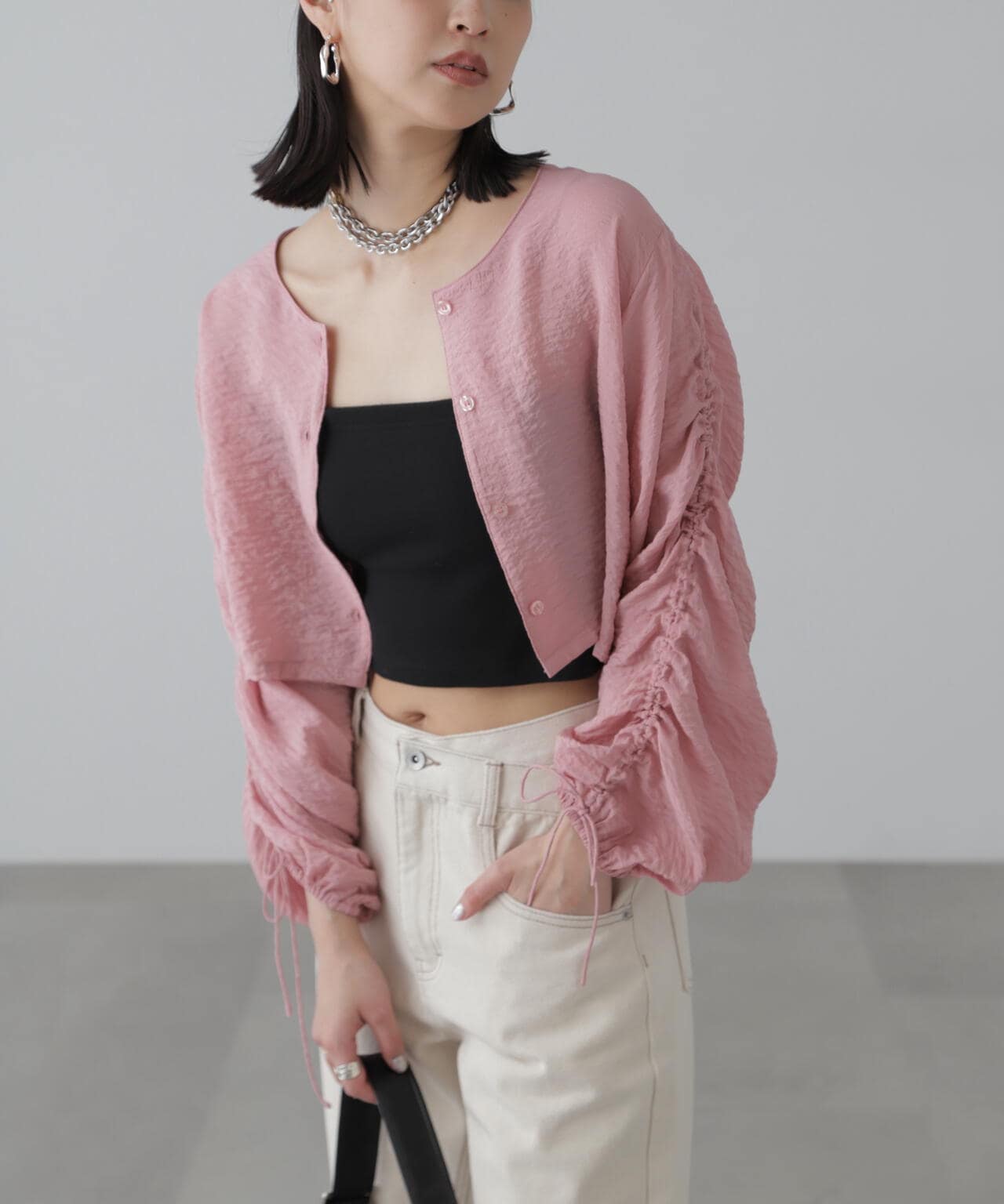 ［グレーカラーWEB限定］袖ドロストギャザーボレロ