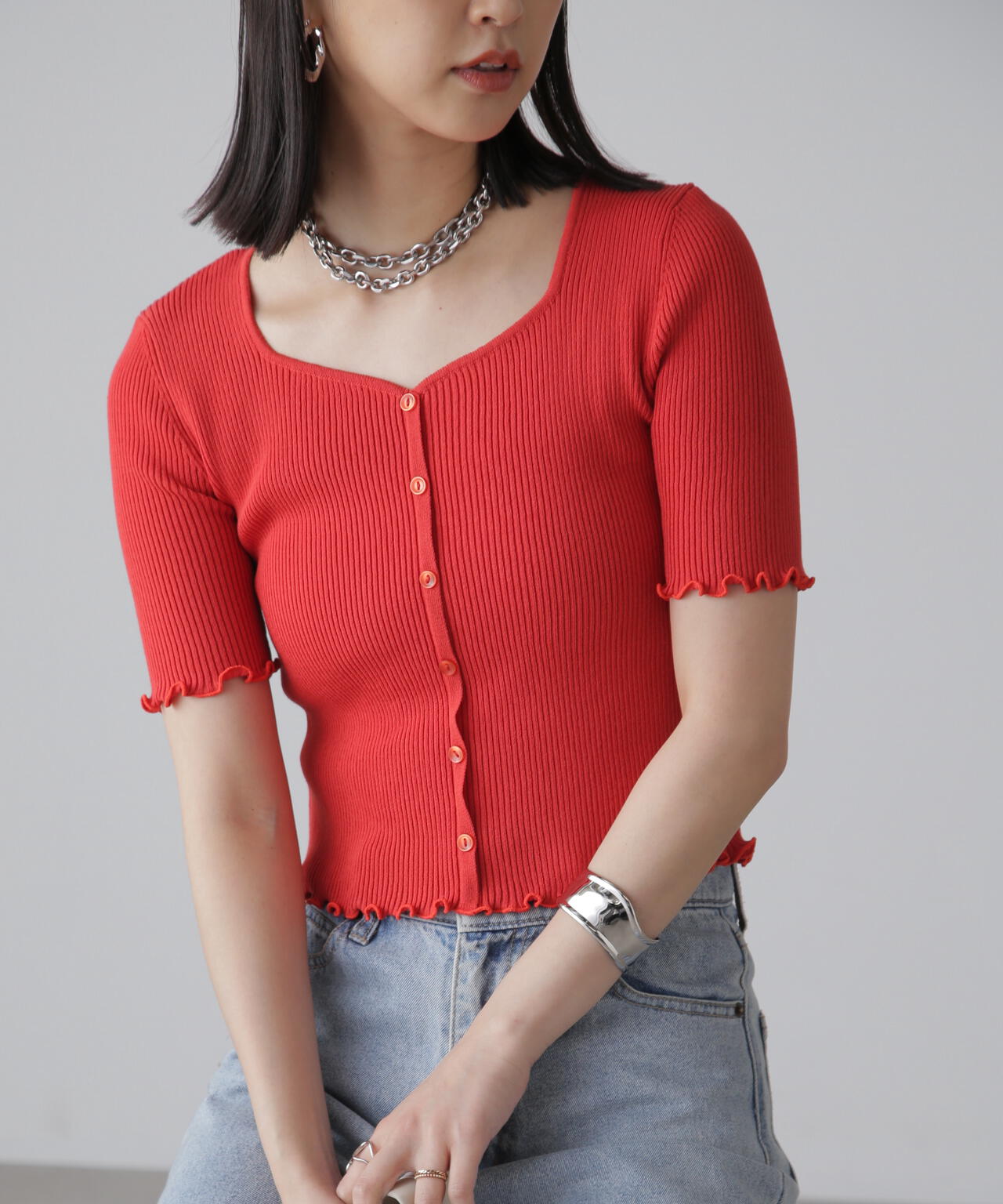前後2Wayメローフリル半袖ニット