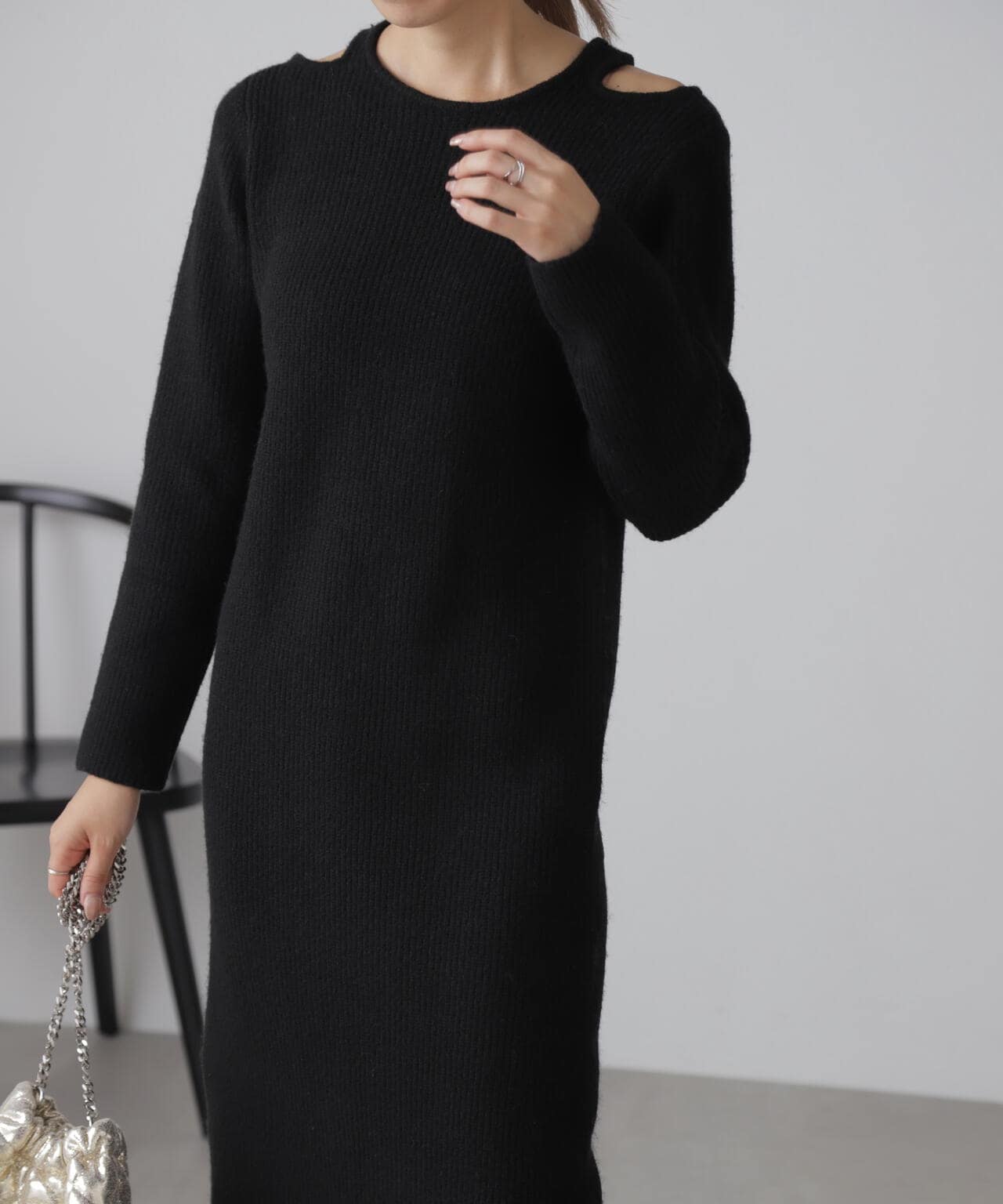 MATURED / ニットワンピース/長袖ワンピース/FREE/アクリル/ブラック/121610010 カットアウトニットマキシワンピース | FREE'S MART（フリーズマート