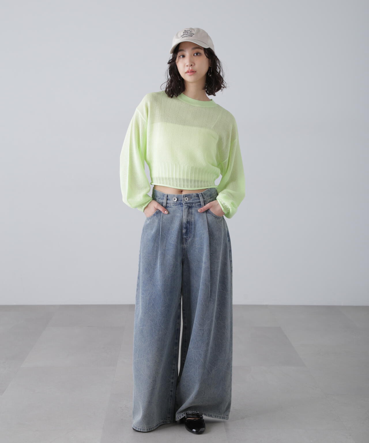 クリンクル加工タックワイドデニムパンツ
