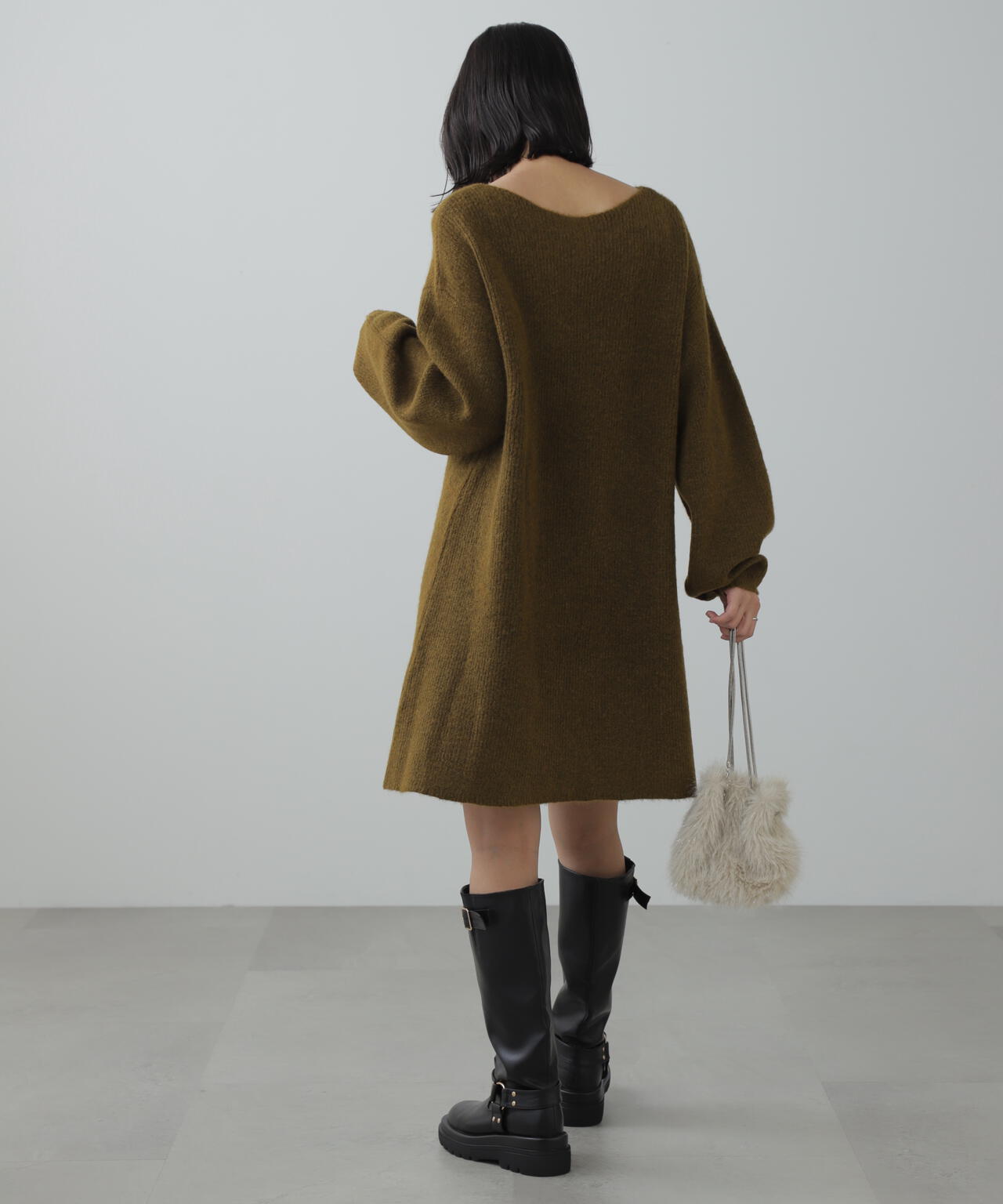 まり　ライトブルーワンピ ボートネック畦ニットミニワンピース | FREE'S MART（フリーズ