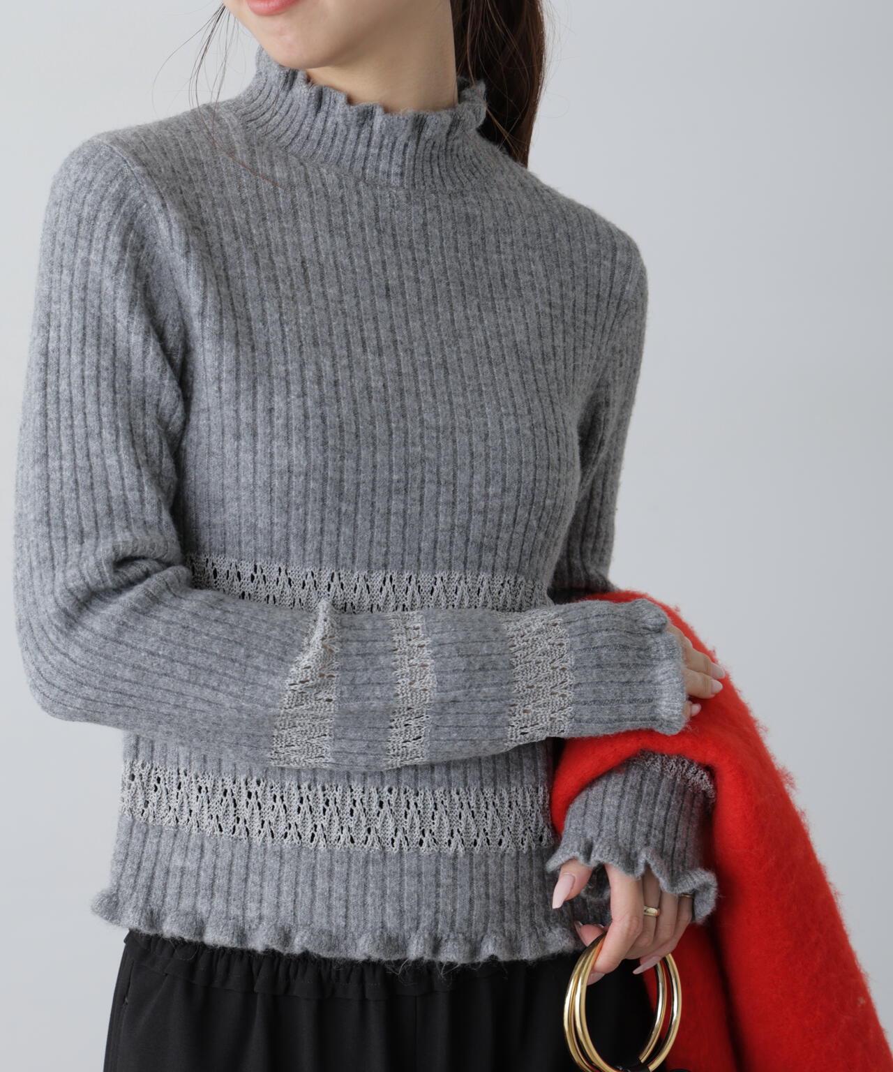 美品✨ビアズリー 裾リボン ボーダー ニット グレー ボーダー ふんわり 美品✨ビアズリー 裾リボン ボーダー ニット グレー ボーダー ふんわり