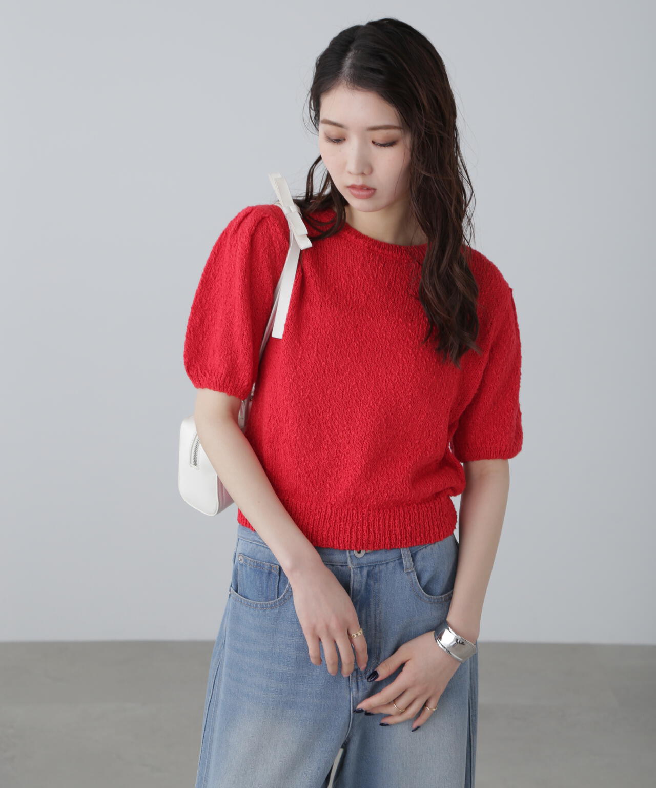 スラブ編み半袖ニット