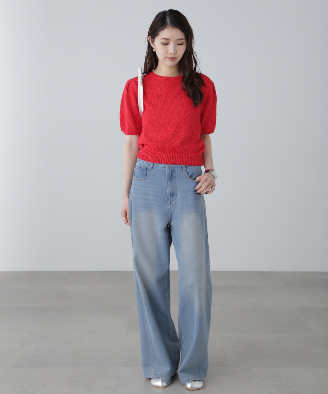 スラブ編み半袖ニット