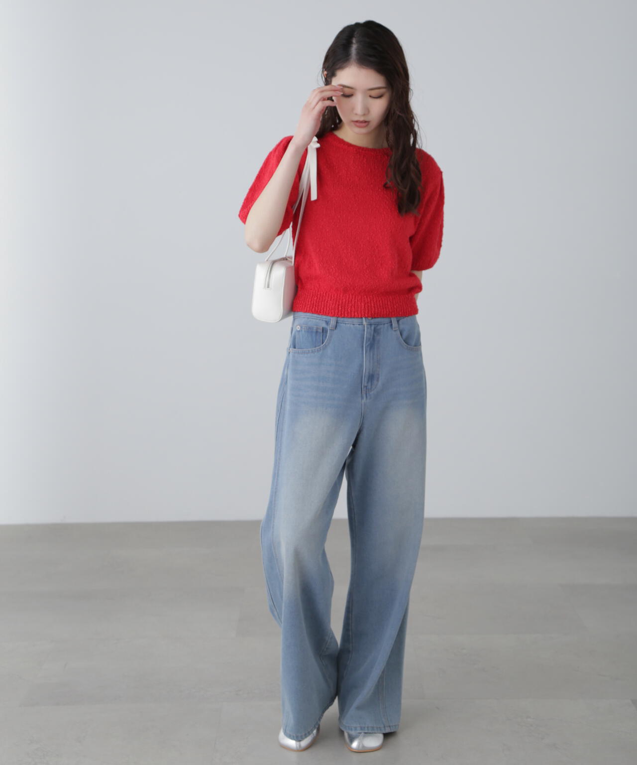 スラブ編み半袖ニット