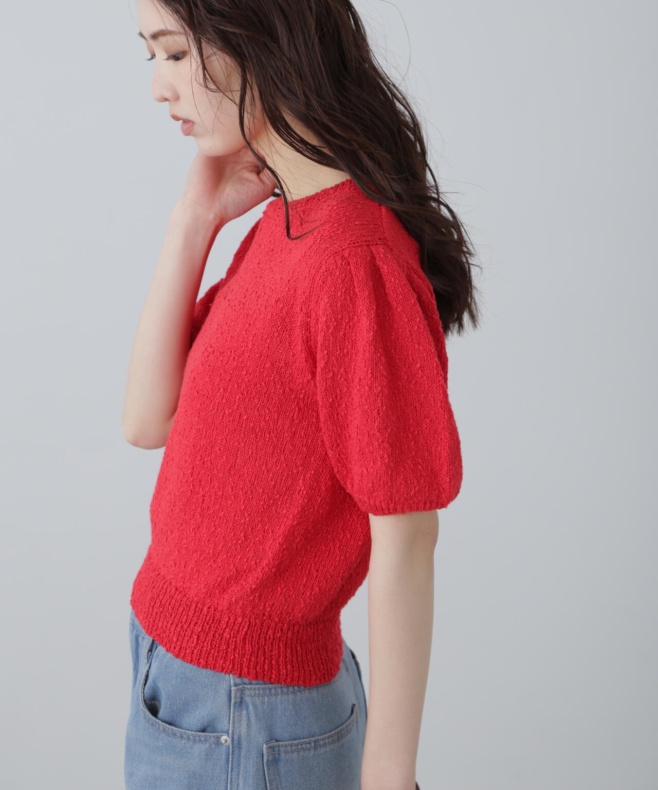 スラブ編み半袖ニット