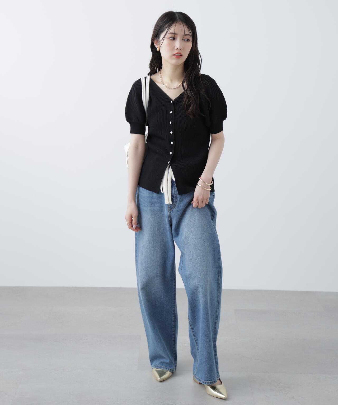 ［MFM］パールパフスリーブ半袖ニット