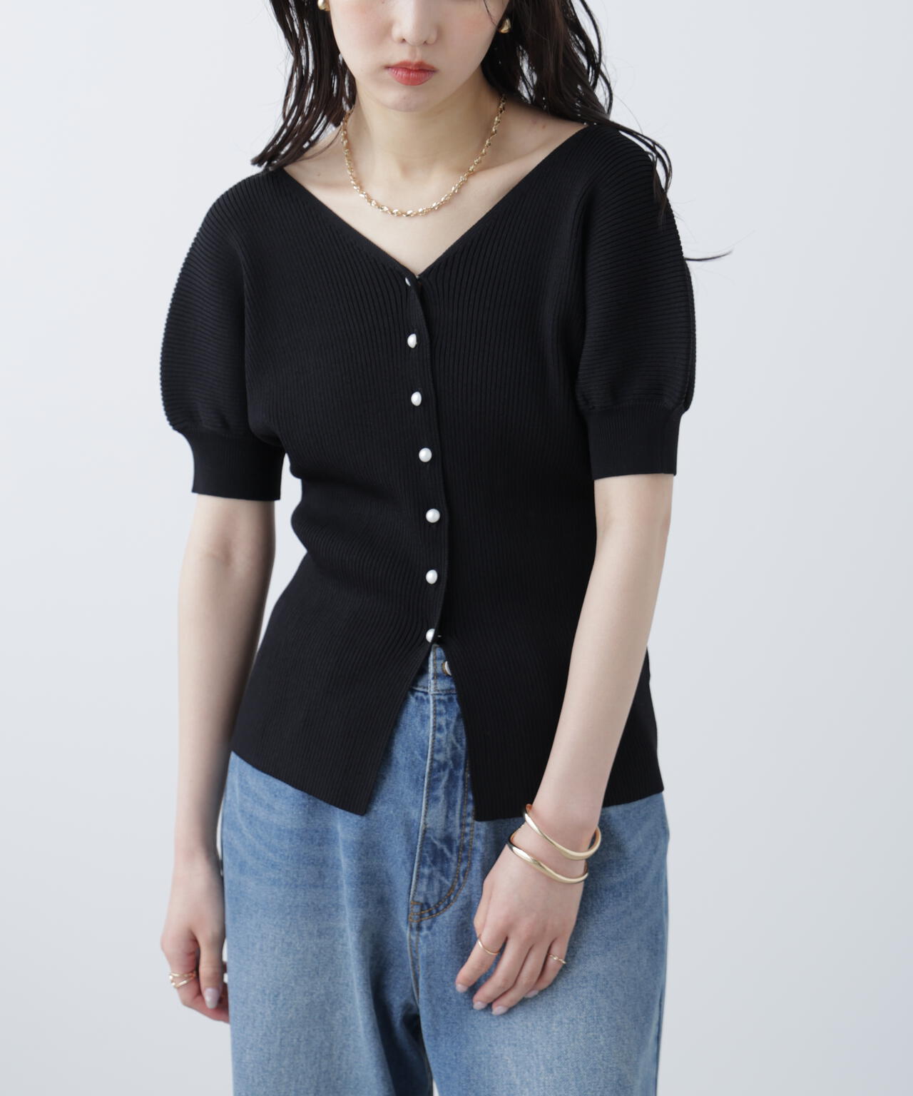 ［MFM］パールパフスリーブ半袖ニット