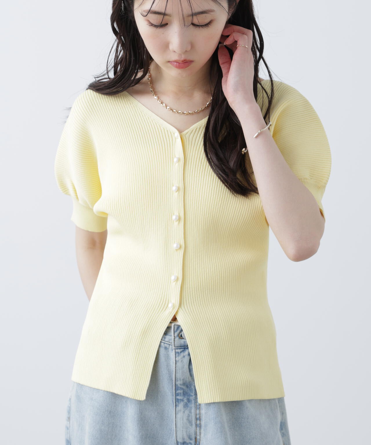 ［MFM］パールパフスリーブ半袖ニット