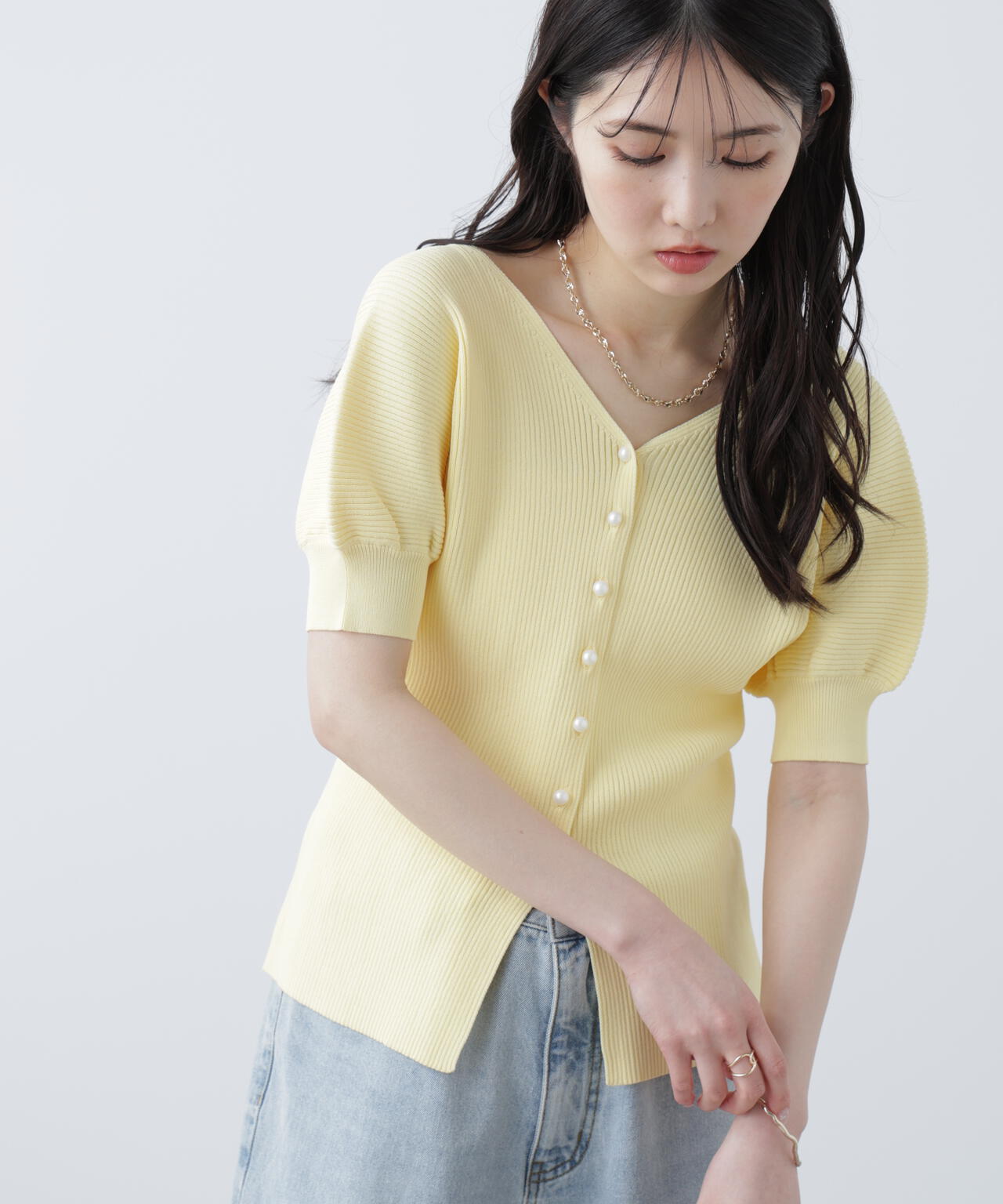 ［MFM］パールパフスリーブ半袖ニット