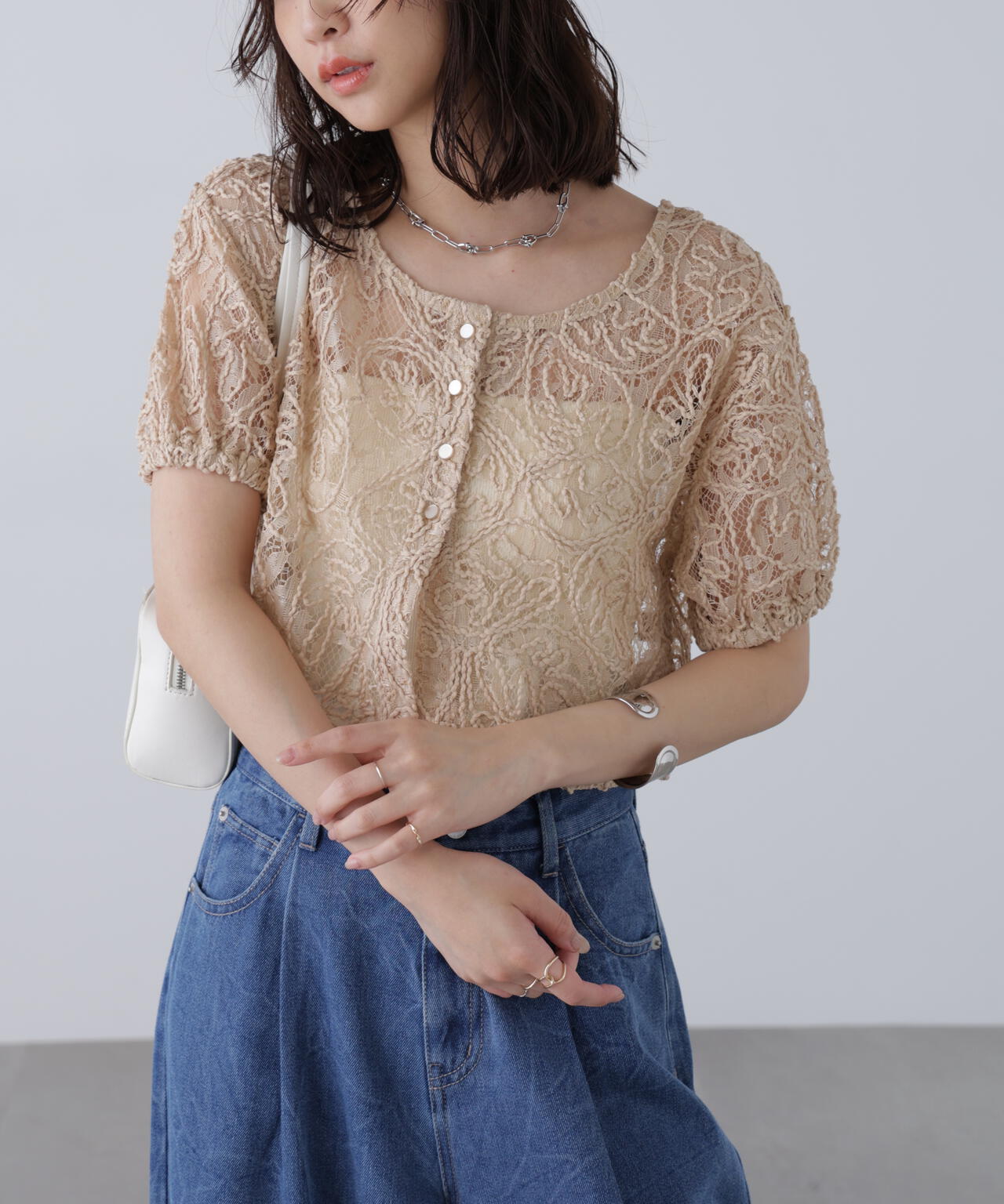 レースコード刺繍前後2wayブラウス