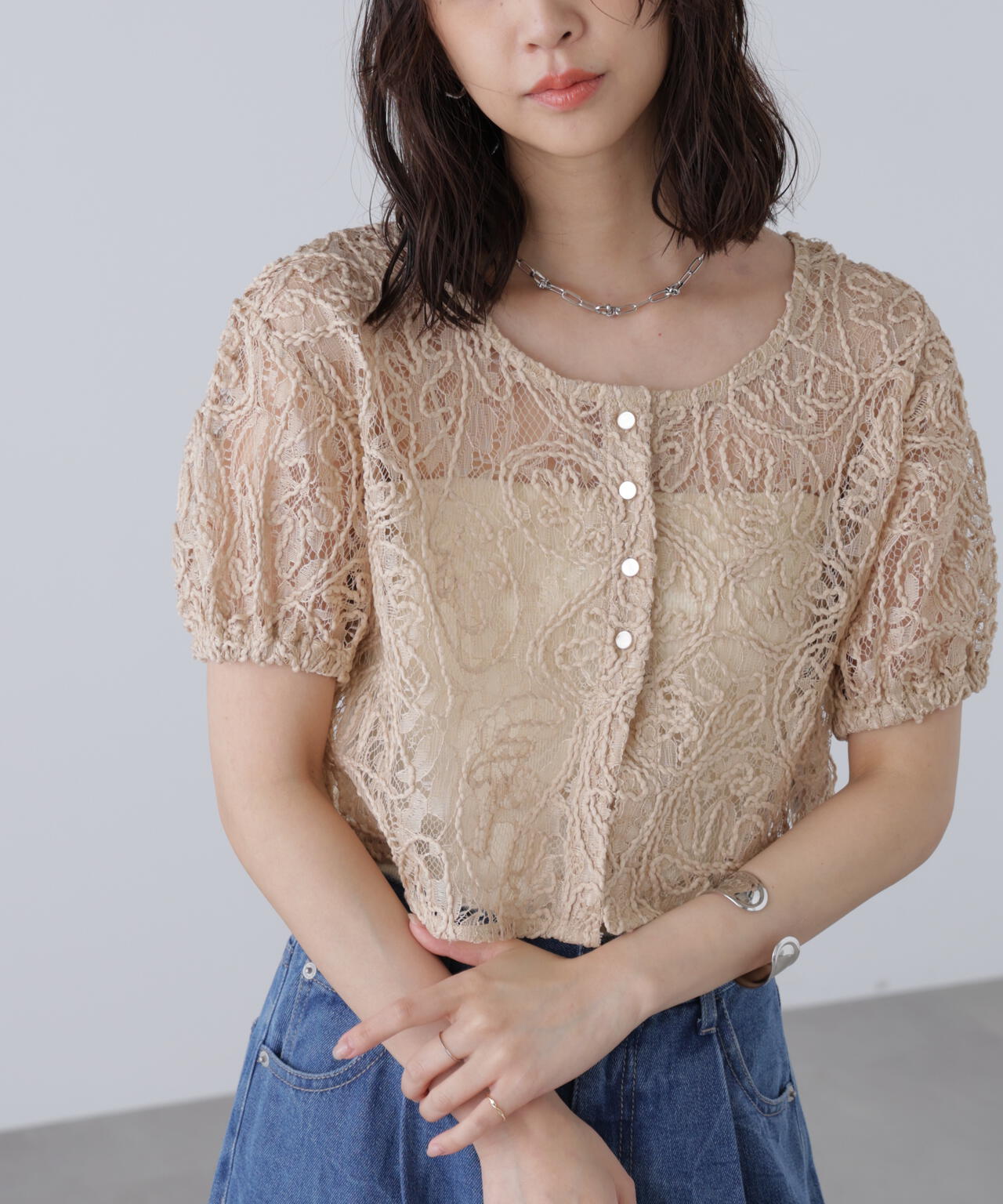 レースコード刺繍前後2wayブラウス