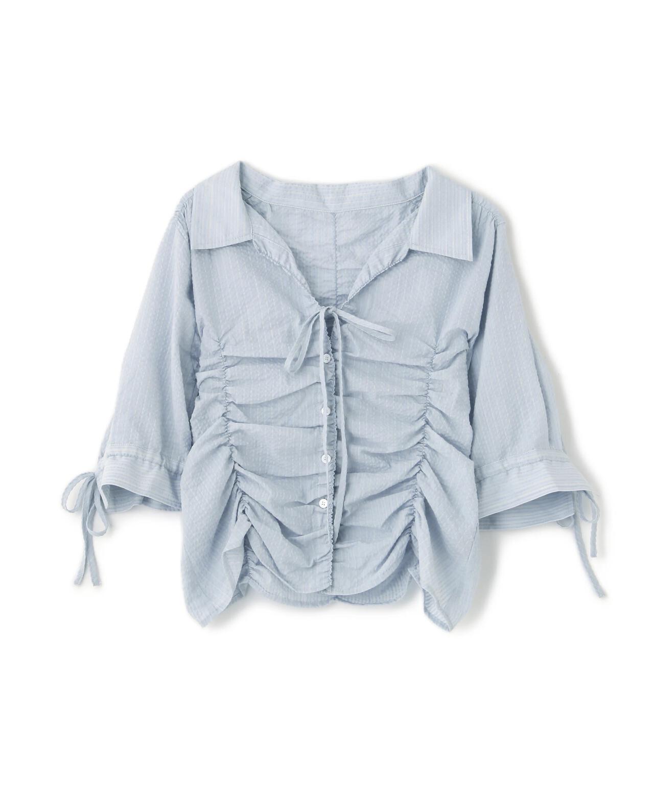 リボンシャーリングストライプブラウス