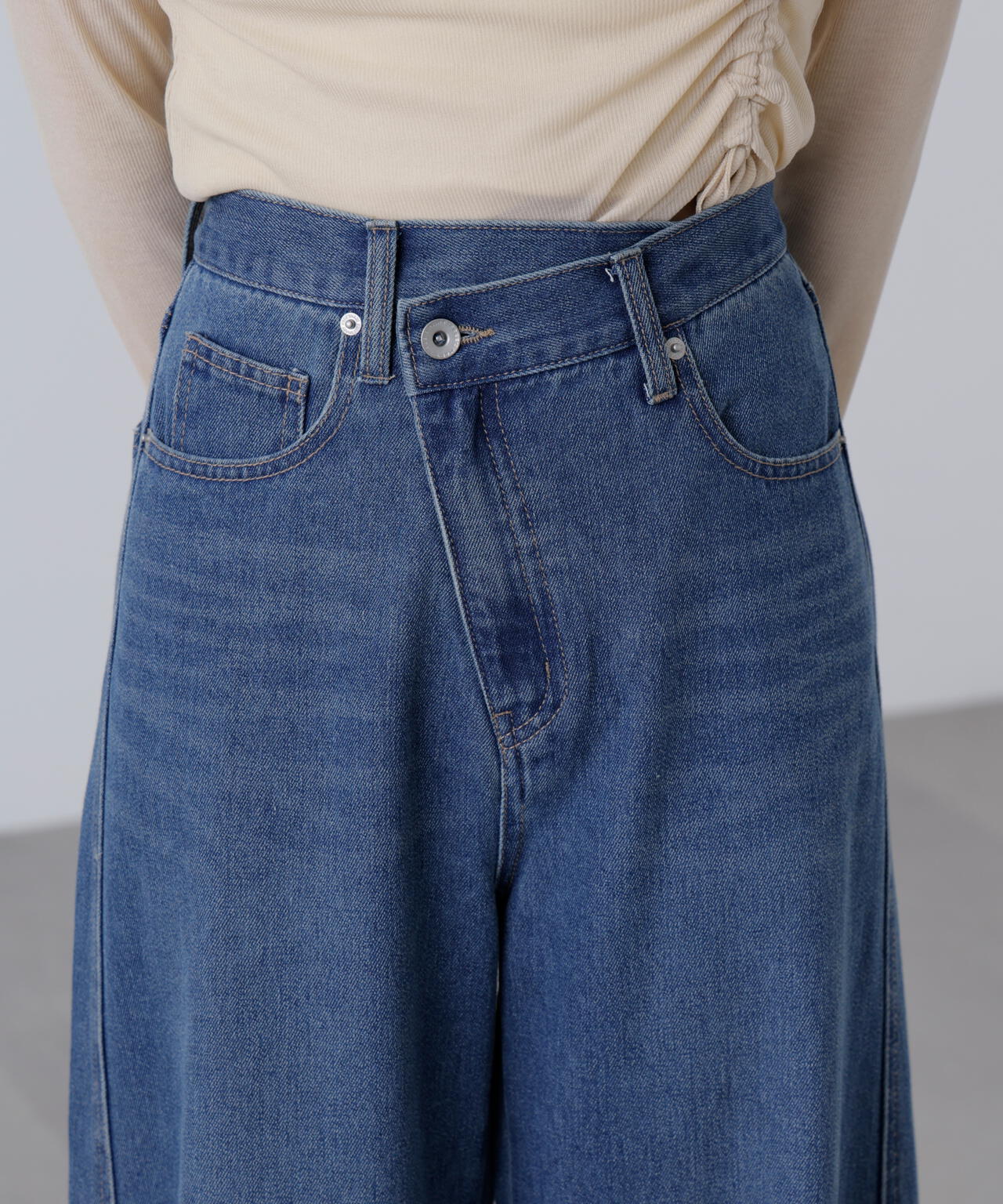 [低身長サイズ/Sシリーズ]アシメベルトコクーンデニムパンツ