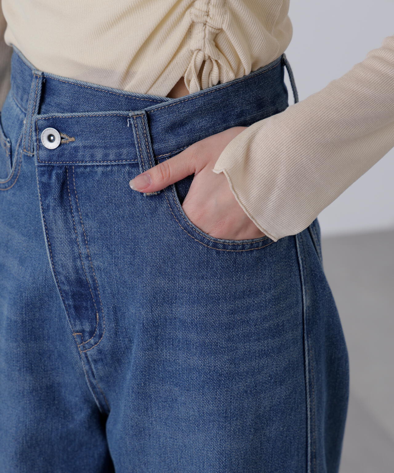 [低身長サイズ/Sシリーズ]アシメベルトコクーンデニムパンツ