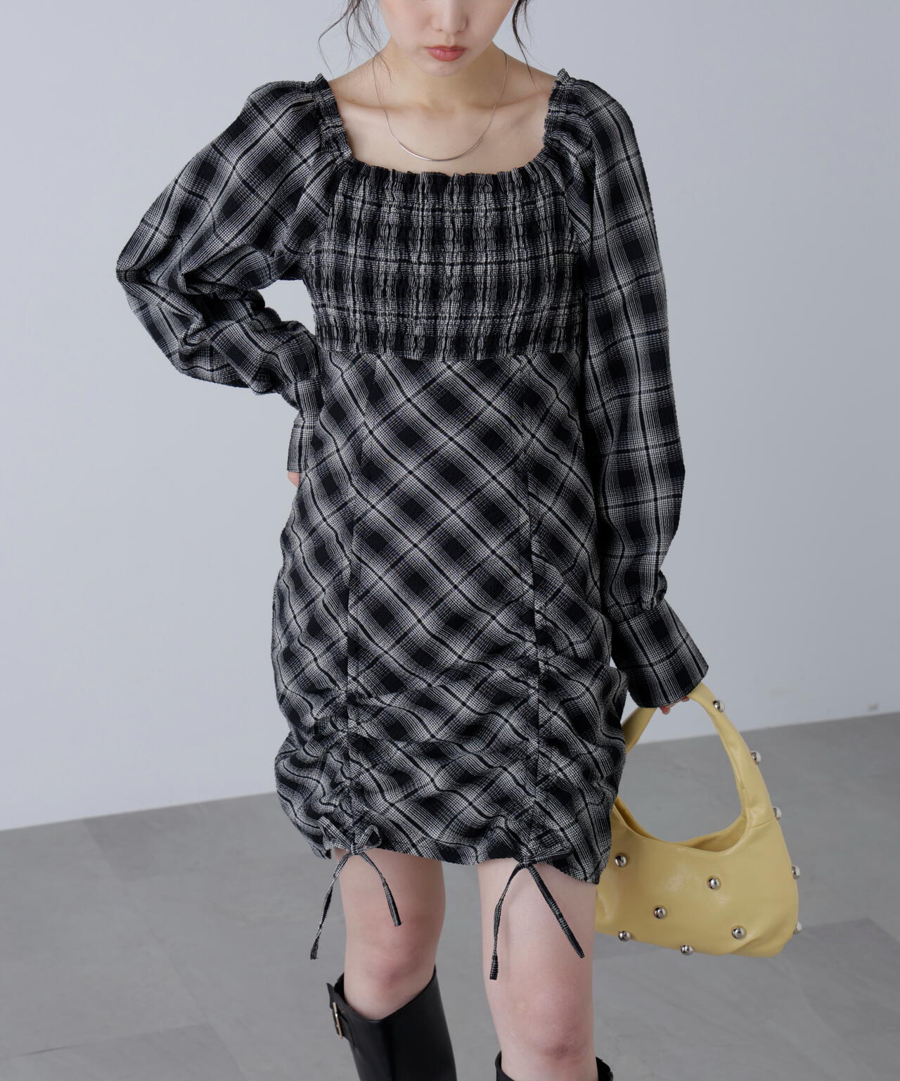 00s 希少 LIZLISA オフショルチェック柄シャーリングフリルミニワンピ 00s 希少 LIZLISA オフショルチェック柄シャーリングフリル