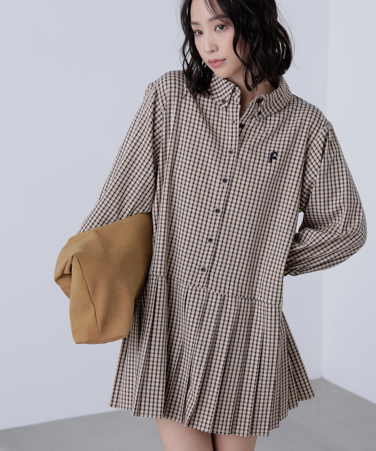 プリーツシャツロングスリーブミニワンピース