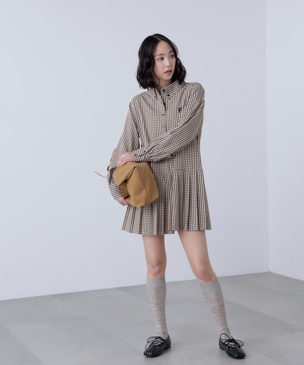 プリーツシャツロングスリーブミニワンピース