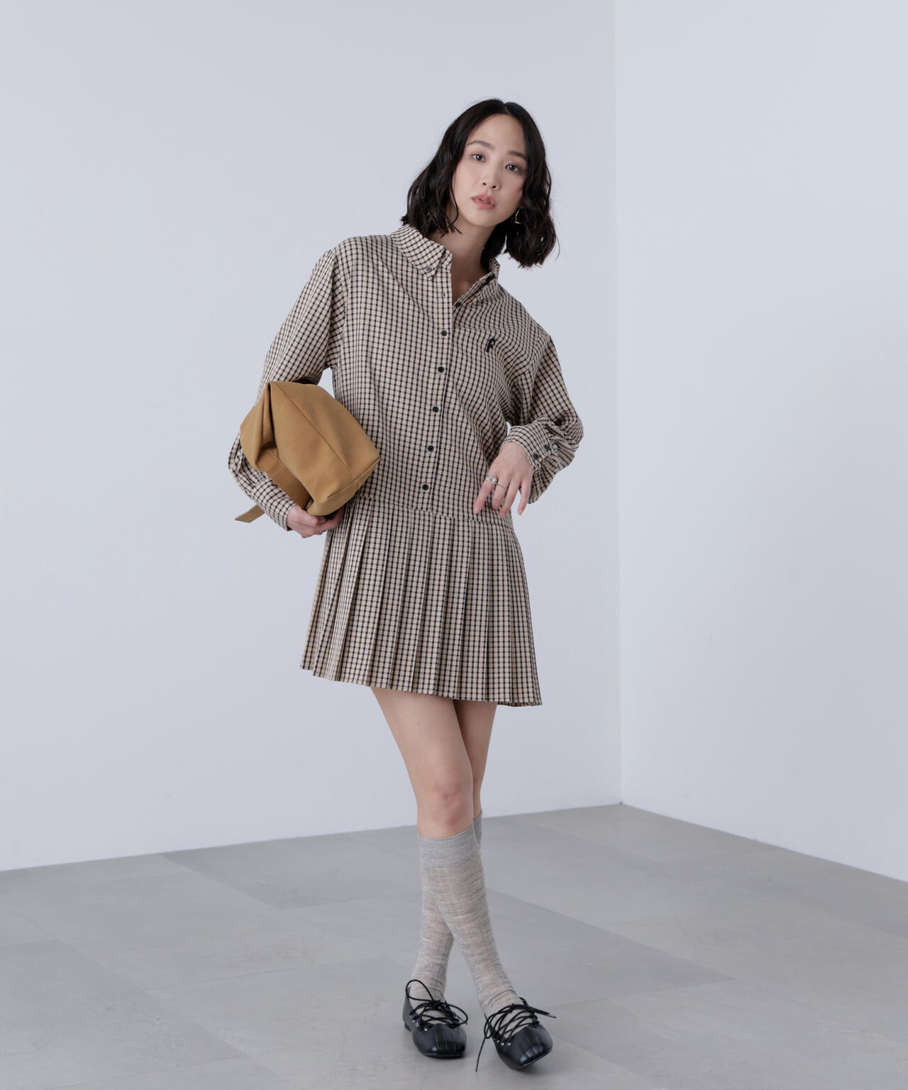 プリーツシャツロングスリーブミニワンピース