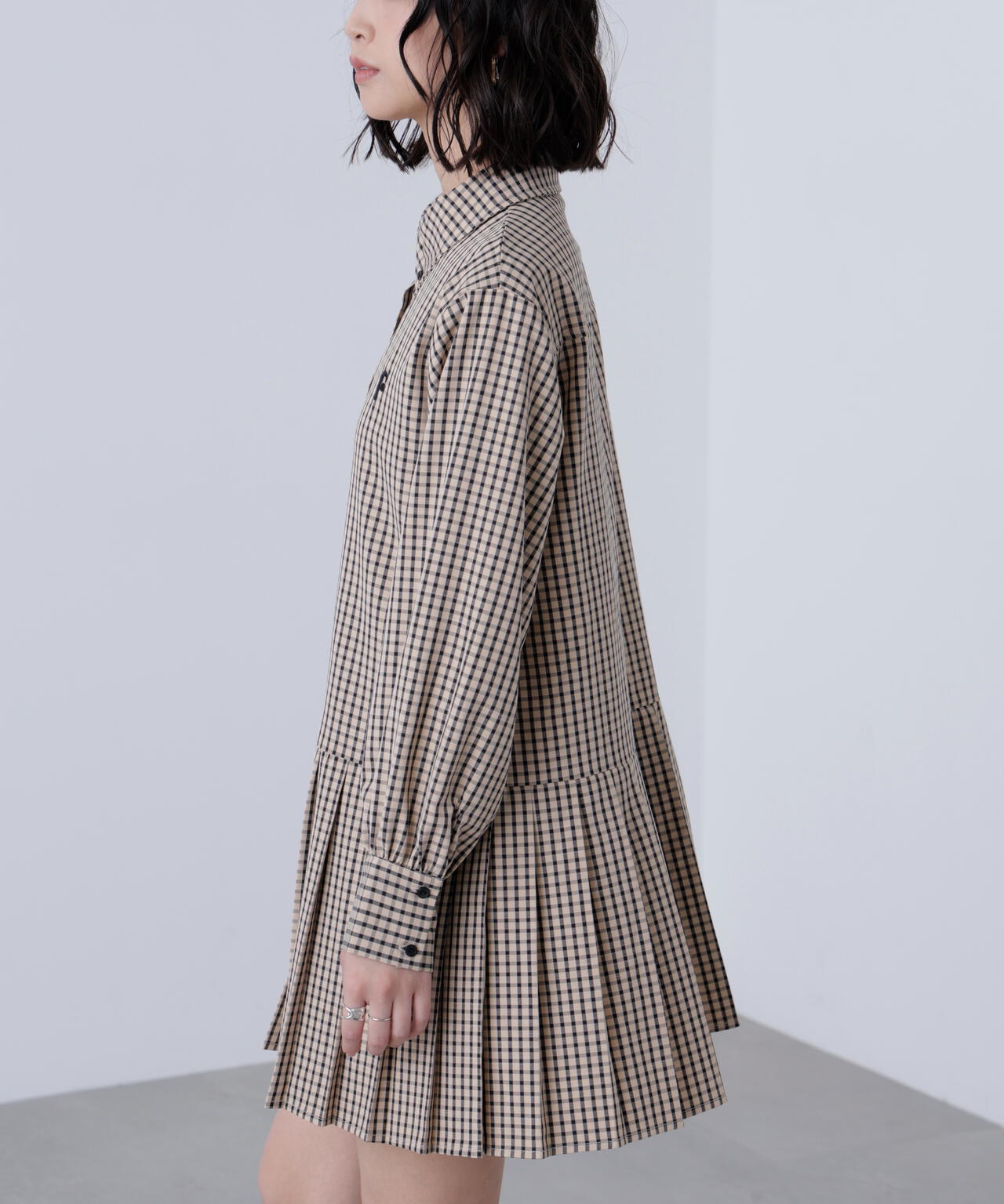 プリーツシャツロングスリーブミニワンピース