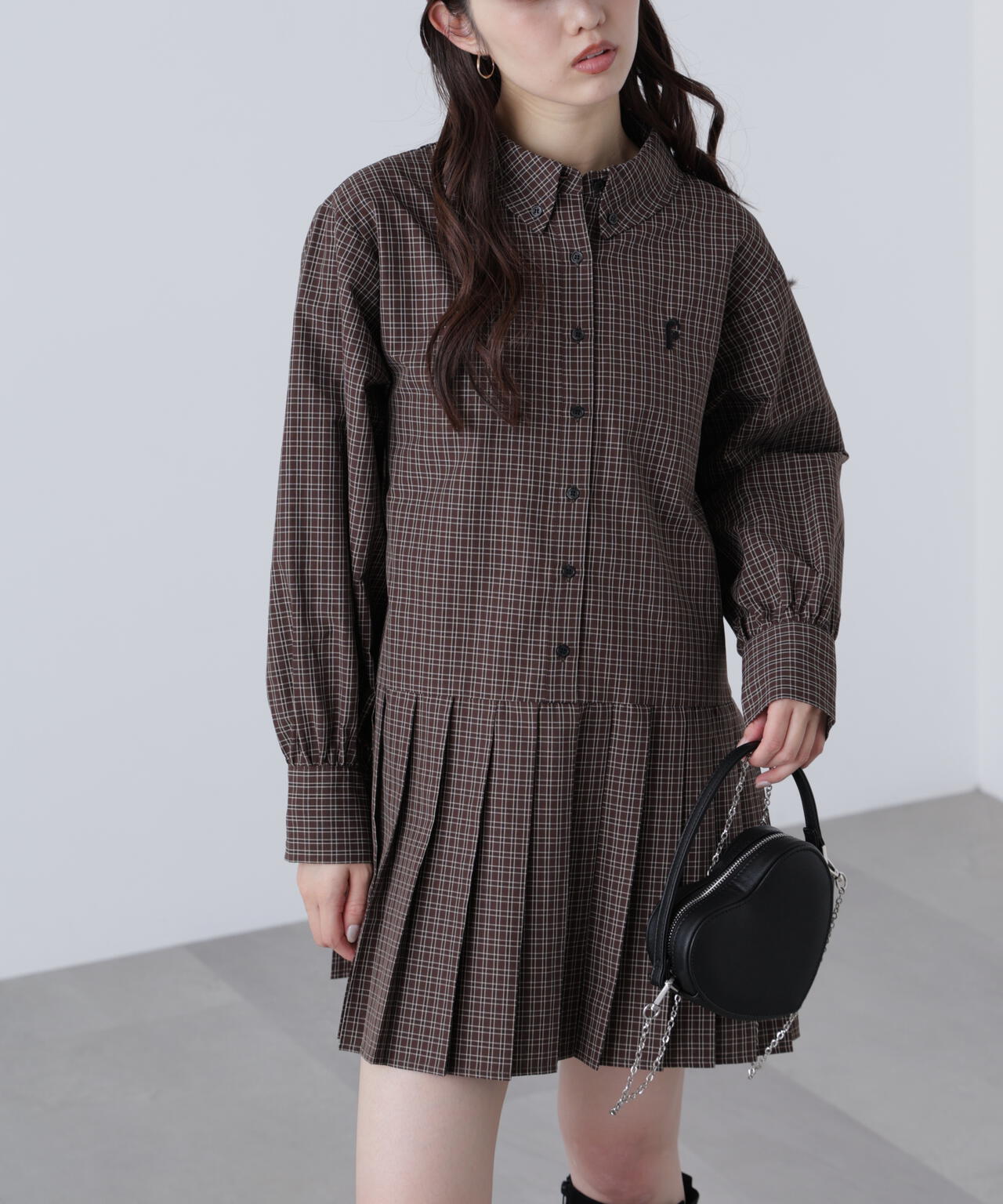 プリーツシャツロングスリーブミニワンピース