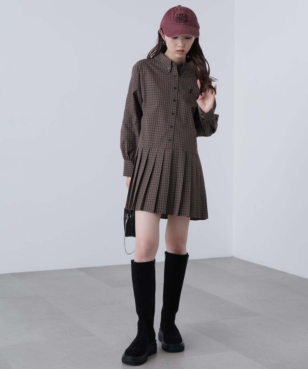 プリーツシャツロングスリーブミニワンピース