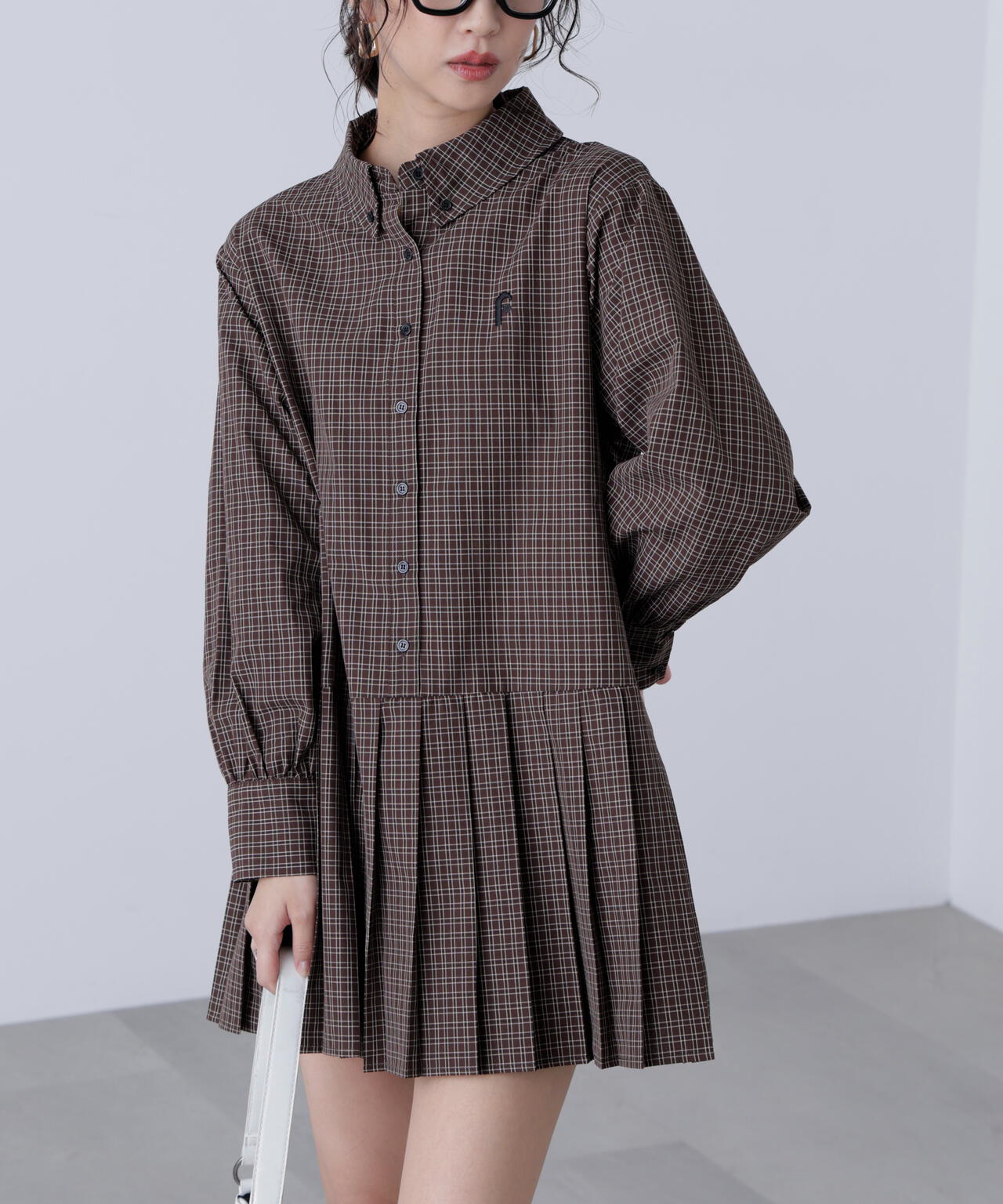 プリーツシャツロングスリーブミニワンピース