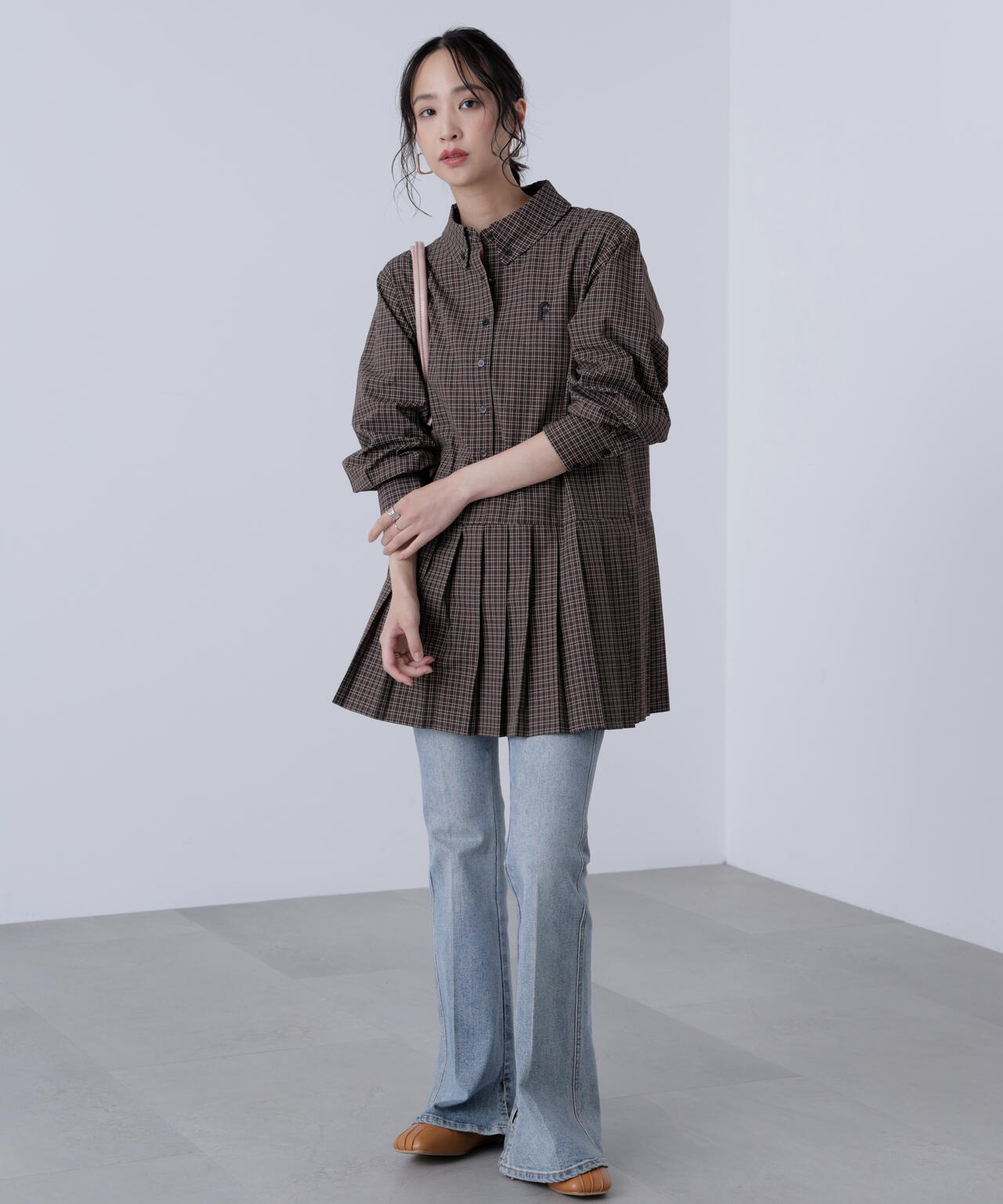 プリーツシャツロングスリーブミニワンピース