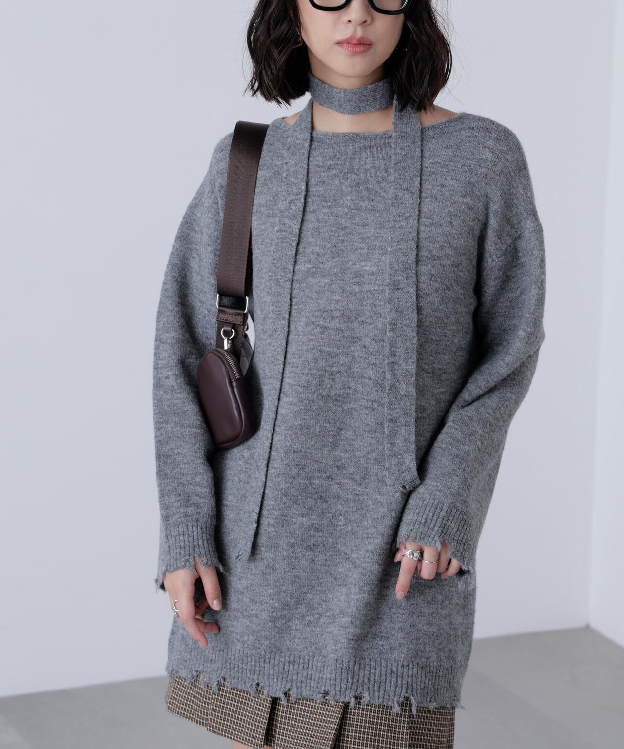 モヘヤ混タイ付きルーズミニワンピース