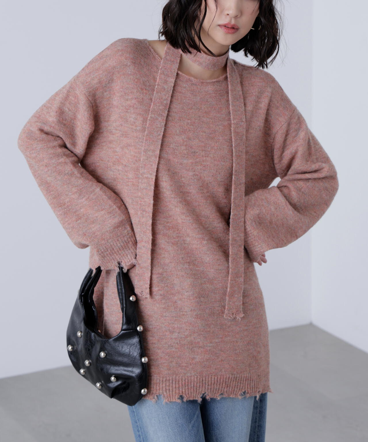 モヘヤ混タイ付きルーズミニワンピース