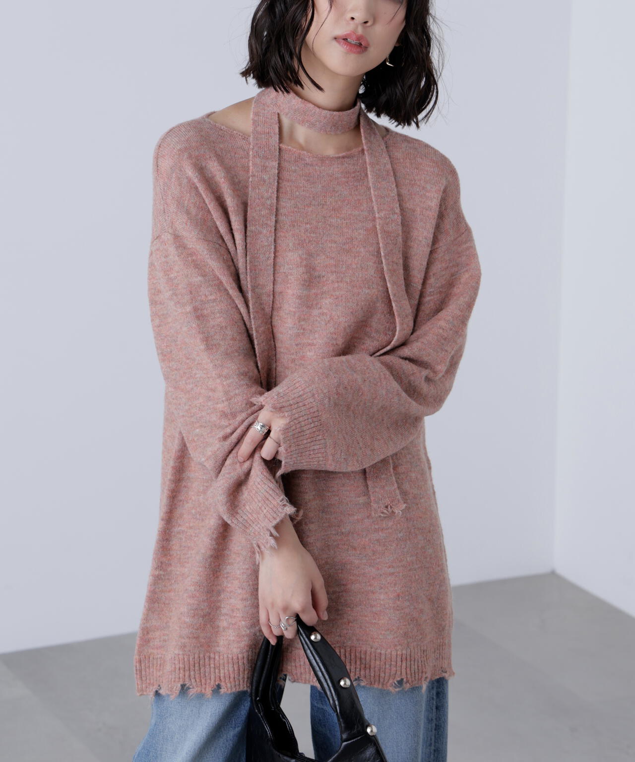 モヘヤ混タイ付きルーズミニワンピース