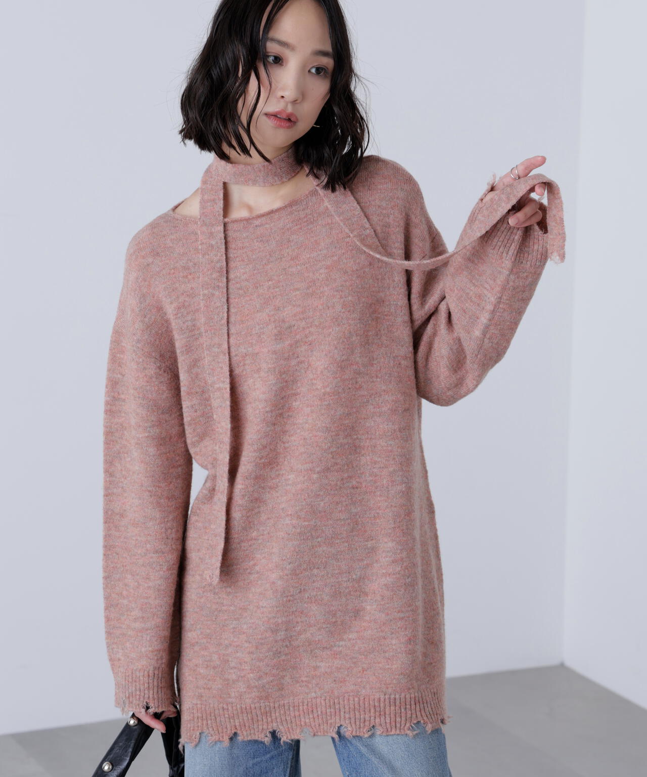 モヘヤ混タイ付きルーズミニワンピース