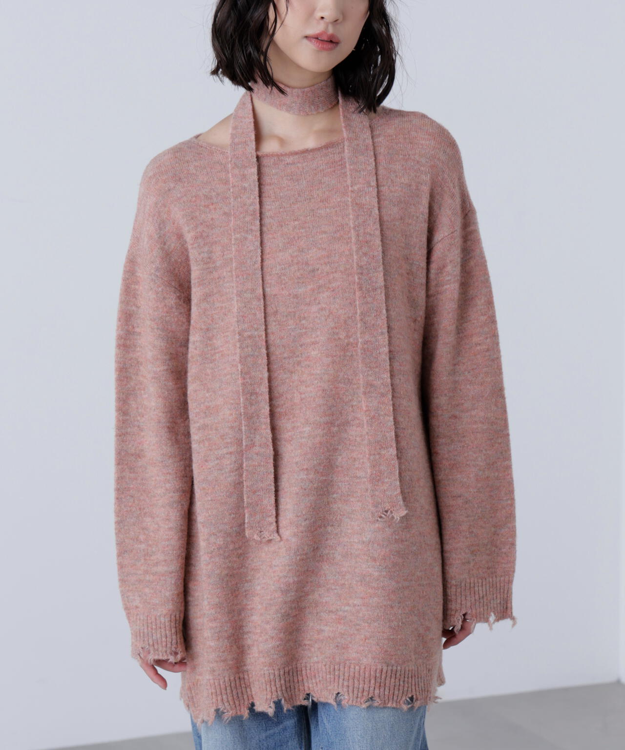 モヘヤ混タイ付きルーズミニワンピース