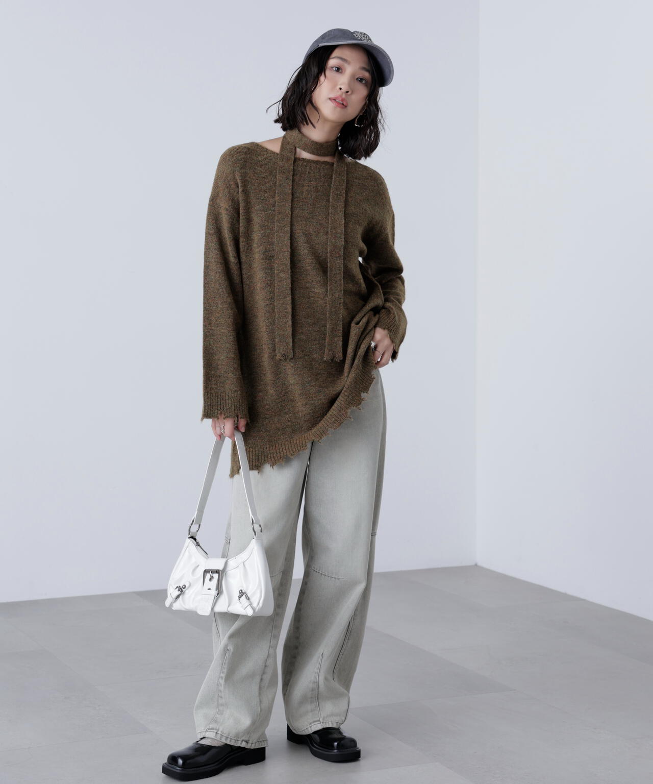 モヘヤ混タイ付きルーズミニワンピース