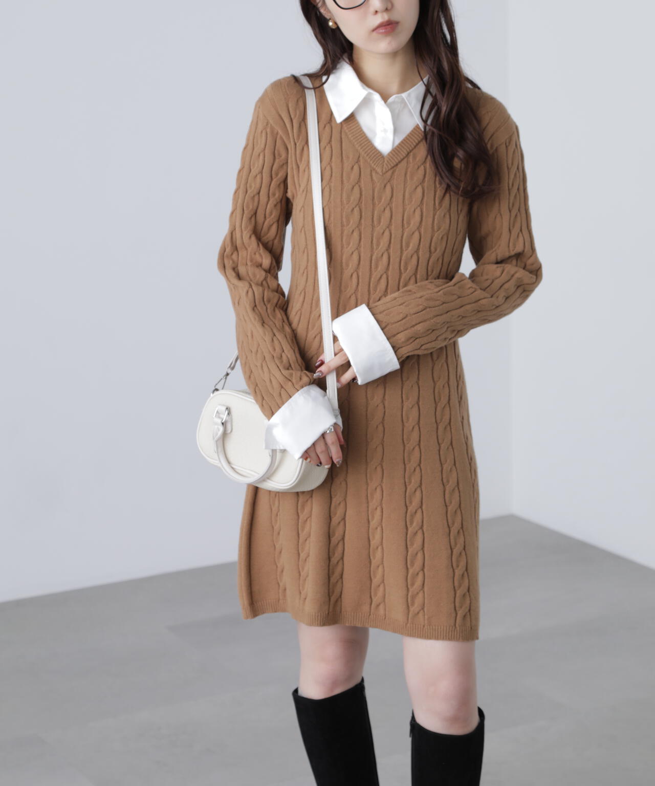 レイヤード風ケーブルニットミニワンピース