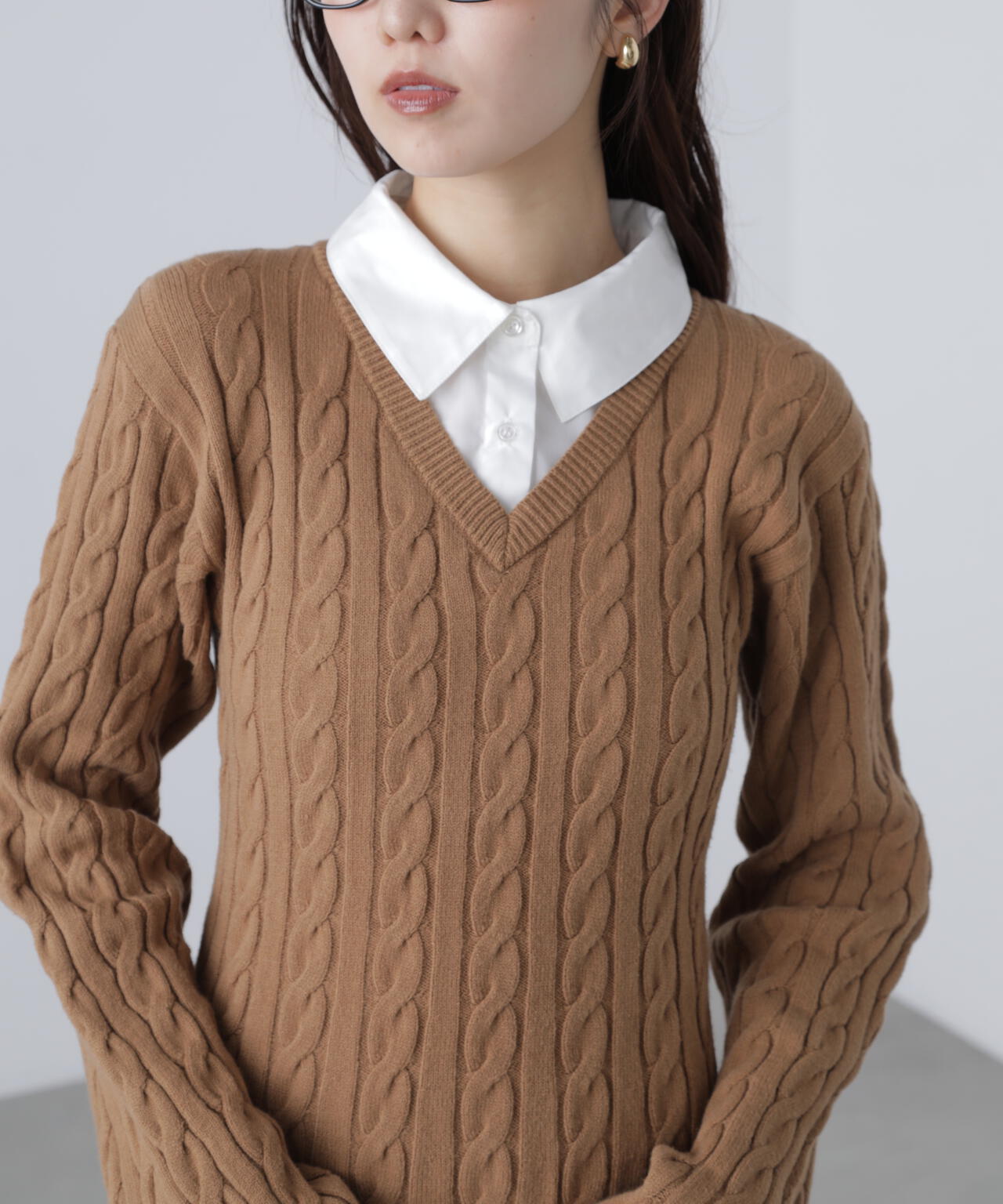 ネイビー 追加生産予約】レイヤード風ケーブルニットミニワンピース