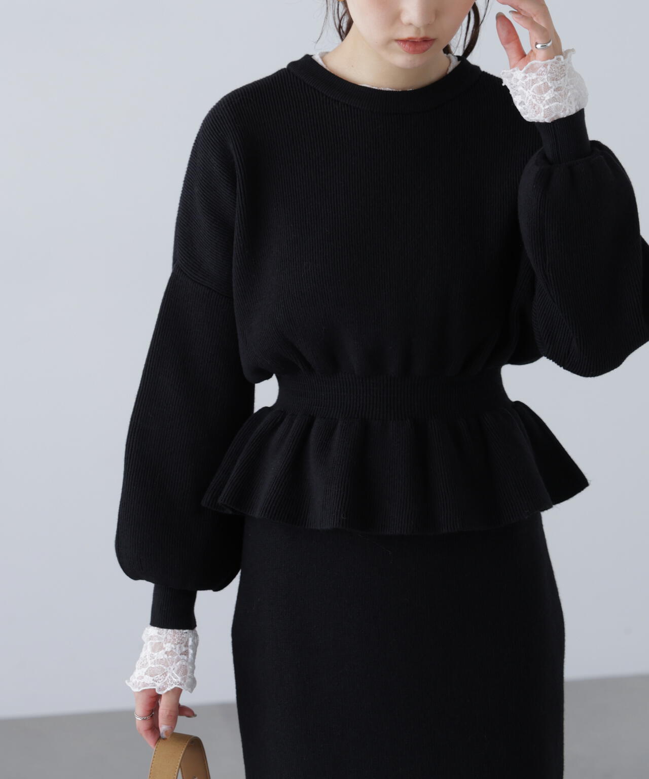 eume 6点セット レース切り替えペプラムトップス×タイトスカートセットアップ