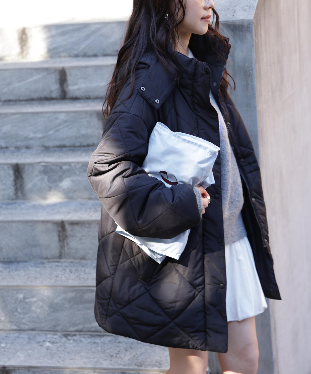 ウエストドロストキルティングコート