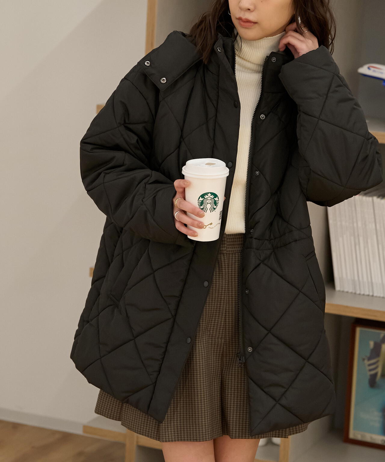 ウエストドロストキルティングコート