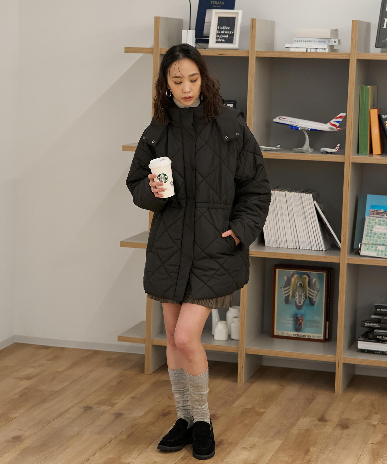 ウエストドロストキルティングコート