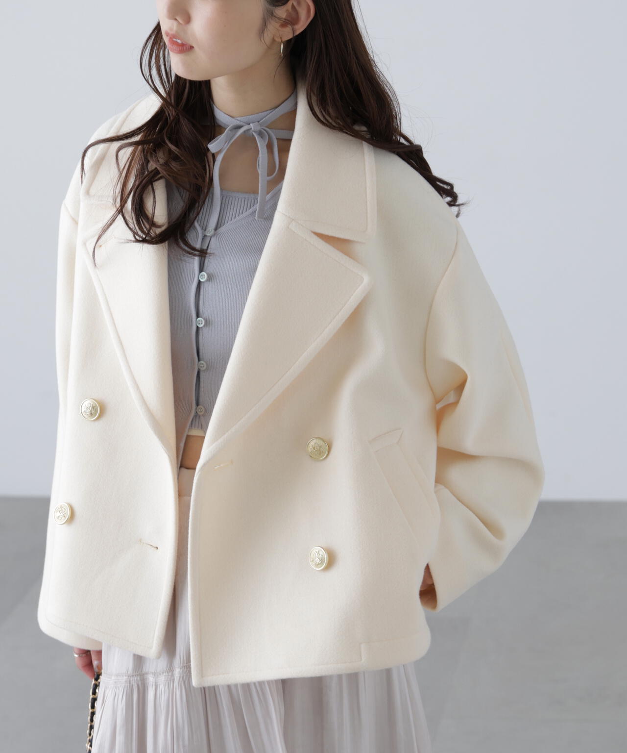 ショートコート　mariapipi 白　パール　マリアピピ　マリピピ はかな企画】ミドル丈オーバーピーコート〈MFM〉 | FREE'S MART